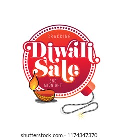 Diwali Sale Festival Offer Sticker, Label or Badge Design with 50% Discount Tag, Lamps and Shopping Bag Vector Illustration