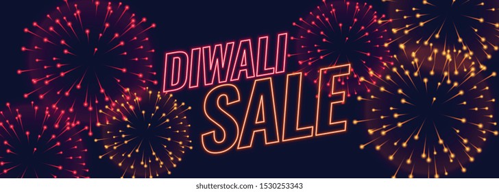diwali sale fireworks festival banner in neon style