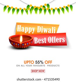 Diwali Sale Flyer, Best Offers Banner, Bumper Dhamaka Sale Background or Poster, Discount Upto 55% Off, Vector illustration with Illuminated Oil Lit Lamp for Festival of Lights.