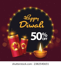 Diwali sale offer unit decorated with traditional Diwali elements like diya and firecrackers 
