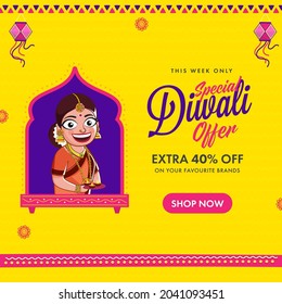 Diwali Sale Poster Design With 40% Discount Offer And Indian Woman Holding Plate Of Lit Oil Lamp (Diya) On Yellow Background.