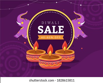 Diwali Sale Poster Design with 40-60% Discount Offer, Illuminated Oil Lamps and Two Cartoon Elephant on Purple Mandala Pattern Background.