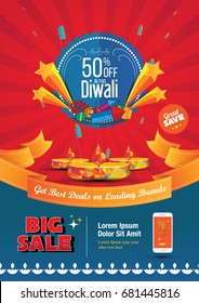 Diwali Sale Poster Design with Creative Lamps & 50% Discount Tag