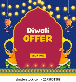 Diwali Sale Poster Design With Tutari Player Men In Traditional Attire, Traditional Lanterns (Kandeel) On Red And Blue Background.