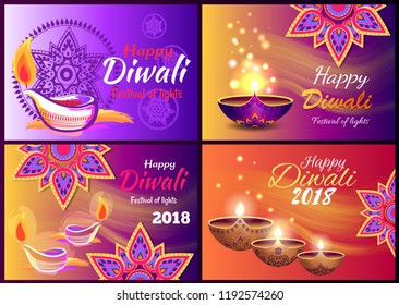 Diwali sale set of posters with title written in frame, colorful images with icons of traditional ornaments and fires vector illustration