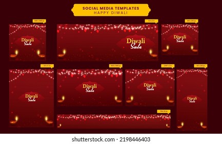 Diwali Sale Social Media Banner And Template Set With Lit Oil Lamps (Diya) And Lighting Garland On Red Bokeh Background.