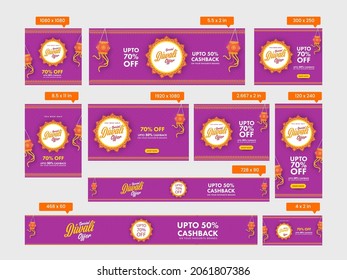 Diwali Sale Social Media Template And Posts, Banner Or Header Design With Lanterns (Kandeel) Hang In Magenta Color.