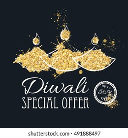 Diwali SALE,  Special offer background. Happy Diwali Card with stylized oil lamps with golden glitter. Vector illustration