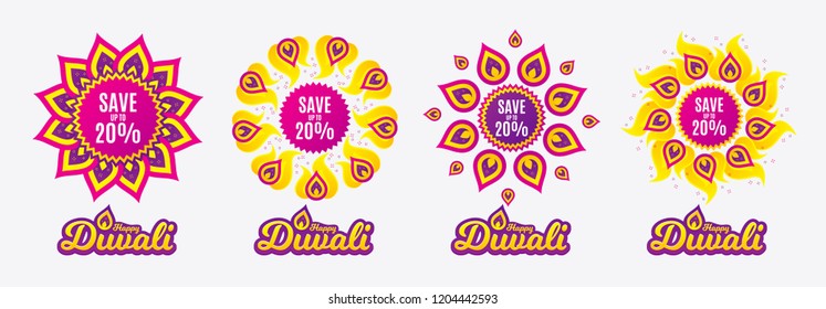 Diwali sales banners. Save up to 20%. Discount Sale offer price sign. Special offer symbol. Diwali hindu festival of lights. Shopping tags. Vector