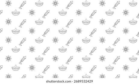 Diwali Seamless Pattern Background, Happy Deepavali Festival Background with line-art pattern texture with diyas, fireworks rockets, and starburst sparklers. Vector Illustration