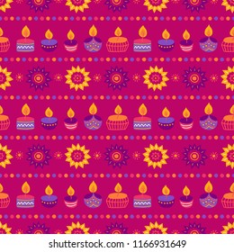 Diwali seamless pattern with candles, stripes and mandala on dark pink background. Perfect for India light festival greeting cards 