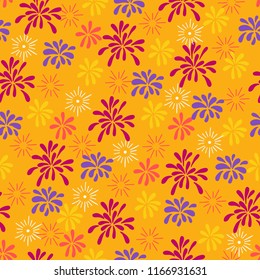 Diwali seamless pattern with colorful firework on yellow background. Perfect for India light festival greeting cards 