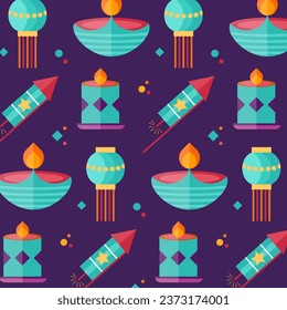 Diwali seamless pattern. Cute background for hindu holiday. Indian festival of lights. Vector illustration in flat cartoon style. Perfect for fabric, package paper, wallpaper, greeting cards	