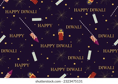 Diwali es un patrón sin fisuras con firecracker e inscription. El principal feriado indio e hindú es un adorno interminable. Ilustración vectorial. Gran fondo de pantalla horizontal con с y petardos.