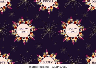 Diwali seamless pattern with firecracker. Main Indian and Hindu holiday endless ornament. Vector illustration. Wallpaper and fabric print with сandles, firecrackers.