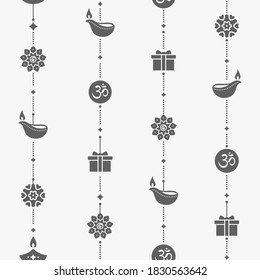 Diwali seamless pattern with hanging lamps, indian symbol om and mandalas. Monochrome tiled holiday background