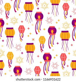 Diwali seamless pattern with lantern, stars on white background. Perfect for India light festival greeting cards 