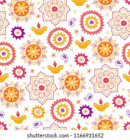 Diwali seamless pattern with mandala, candle and stars on white background. Perfect for India light festival greeting cards 