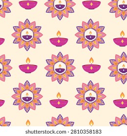 Diwali seamless pattern Mandala decorative Indian lamps and floral motifs in vibrant colors