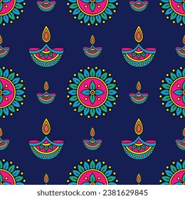 Diwali seamless pattern with mandala and diya on dark violet background. Perfect for India light festival greeting cards