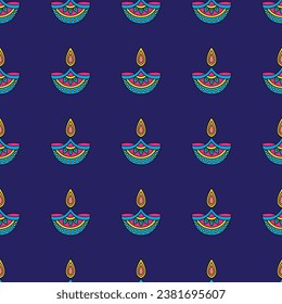 Diwali nahtloses Muster mit Mandala und Diya auf dunkelviolettem Hintergrund. Perfekt für indische Lightfestival-Grußkarten