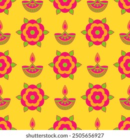 Diwali seamless pattern with mandala and diya on dark violet background. Perfect for India light festival greeting cards