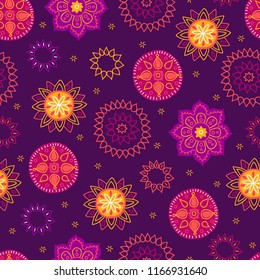 Diwali seamless pattern with mandala on dark violet background. Perfect for India light festival greeting cards 