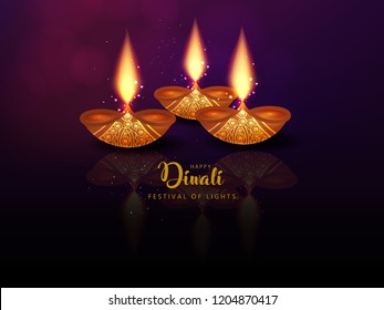 Diwali Shiny Background with Diya Lamps. Happy Diwali.