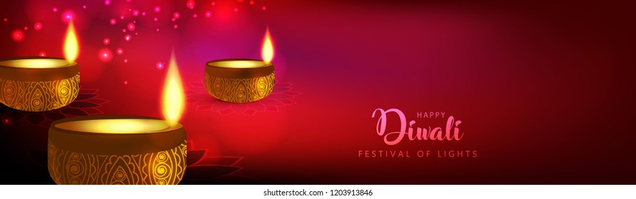 Diwali Shiny Banner with Diya Lamps and Rangoli. Happy Diwali.