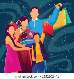 Diwali shopping family. Faceless parents and kids celebrating Diwali with gifts.