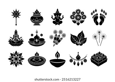 Diwali silhouette vector icon illustration bundle