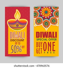 Diwali Special Offer Sale with Discount upto 50%, Website banner set, Traditional festive background with illuminated lamps (Diya), Indian Festival of Lights, Happy Diwali celebration concept.