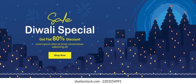 Diwali Special Text on blue dark city background with lights sale banner design