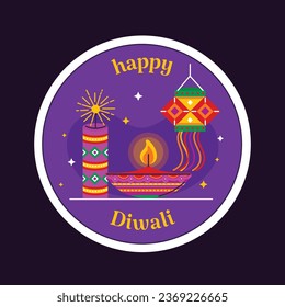 Diwali sticker or label. Happy Diwali Festival background. November 12. Diwali festival celebration. Vector illustration. Poster, Greeting, Card, Template. Festival of Lights. Deepawali.