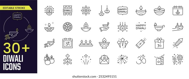 Diwali Stroke Icon Kollektionen. Enthaltend Diwali Festival, Kerze, Laterne, Diwali, Öllampe, Lampe, Hand, Diwali Lampe, Segel, Kalender, Chakra und mehr Ikonen. Symbolsammlung für bearbeitbare Striche.