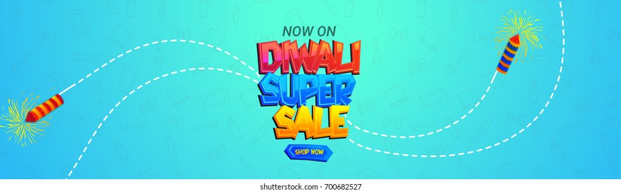 Diwali Super Sale banner with exploded rockets on doodle elements background.