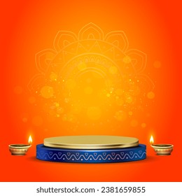 Diwali template design with podium stage mockup. Candle lights and sparkle background.