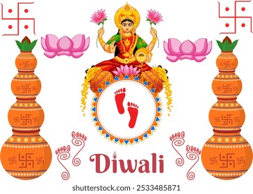 Texto de Diwali con la diosa Laxmi, huellas, Kalash y gráficos de esvástica, diseño festivo para celebrar el festival de las luces, perfecto para tarjetas de felicitación y decoraciones