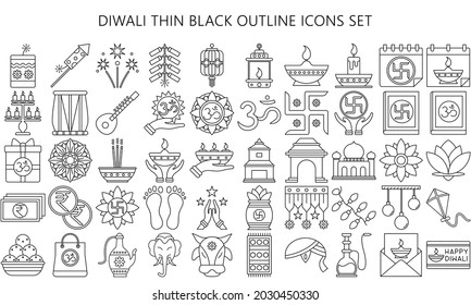 Diwali thin black outline icon set. Included icons as Deepavali celebrate, light festival, candle, lamp, Hindu celebration more. Used for modern concepts, web, UI or UX kit and applications, EPS 10.
