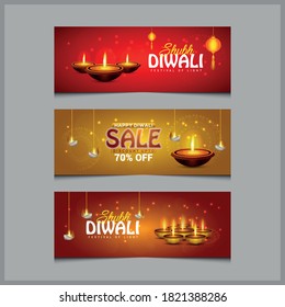 Diwali three sale header or banner set design decorated with Diwali oil lamps on background for Diwali celebration.