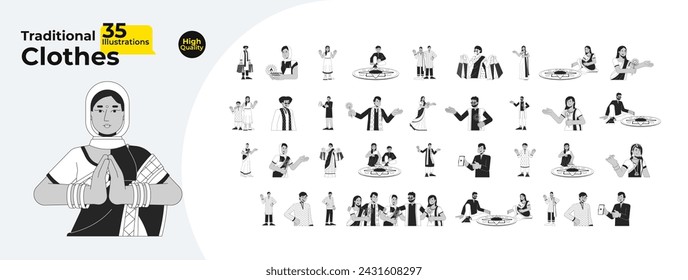 Diwali traditional culture black and white cartoon flat illustration bundle. South asians 2D lineart characters isolated. Deepavali rangoli, sparkles festive monochrome vector outline image collection