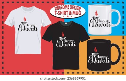 Diseño de camisetas Diwali y diseño de tazas, personalización de tipografía, vector mejor para el diseño de impresión.