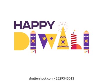 Tipografía de Diwali, petardos deepavali, Vector plano de las galletas Diwali, fuegos artificiales a todo color del Vector en blanco