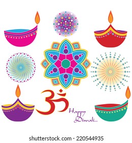 Diwali Vector Clip Art Set. Om, Rangoli, Diya and Fireworks Graphics included. Created using Vector Software (Adobe Illustrator).