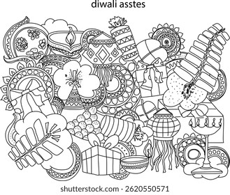Diwali Vector Design Illustration Set Of Line Art