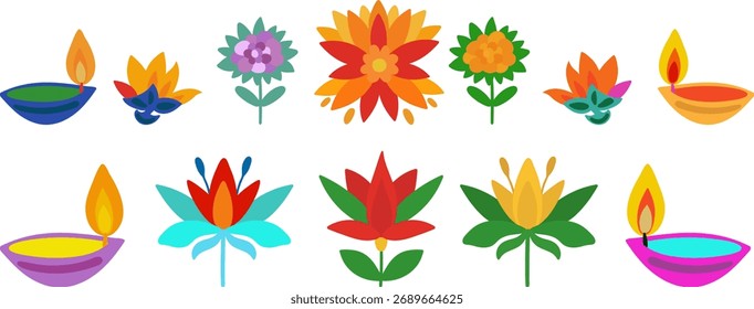 diwali vector elements set colorful diya oil lamps traditional flowers rangoli decoration hindu culture design graphics abstract drawn