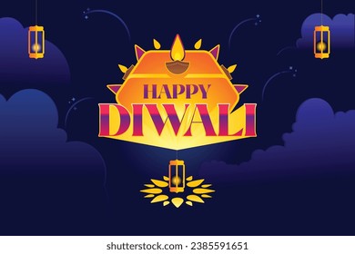 A Diwali vector features a central unit that reads "Happy Diwali" surrounded by radiant, glowing diyas against a dark, cloud-filled background. Illustration for Diwali greeting or emailer wishing joy.