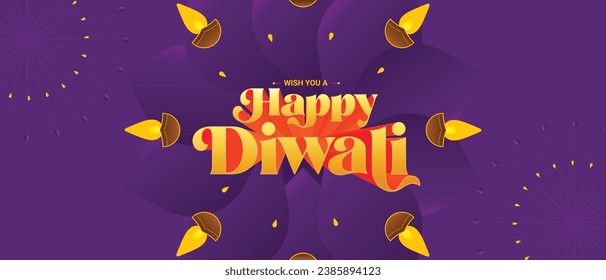 A Diwali vector features, vibrant mandala backdrop, adorned with glowing diyas surrounding a cheerful "Happy Diwali" centrepiece. In one corner, vivid fireworks add a festive touch to the celebration.