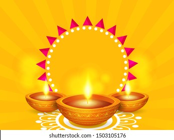 Diwali vector illustration with text of happy diwali and festival elements and traditional diya and background can be used for greetings , banners and header.