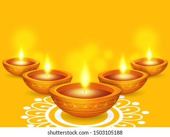 Diwali vector illustration with text of happy diwali and festival elements and traditional diya and background can be used for greetings , banners and header.